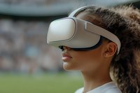 Young African American woman with curly hair wearing virtual reality headset outdoors, experiencing immersive technology in natural daylight setting.