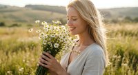 Young blonde Caucasian woman holding bouquet of white wildflowers in sunny meadow field during golden hour sunset with peaceful expression and natural beauty.