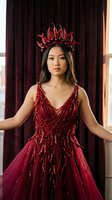 Young Asian woman wearing an ornate red chili pepper crown headpiece and embellished burgundy gown with beaded details, standing against dark velvet curtains for fashion, costume, and editorial use.