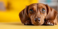 Adorable brown dachshund puppy with big expressive eyes lying on yellow surface, close-up portrait showing sweet pleading expression and long floppy ears.