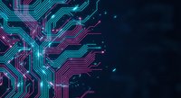 Futuristic circuit board with glowing neon lines in cyan and magenta colors on dark background for technology and digital innovation concepts.
