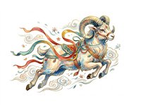 Mythical ram with flowing ribbons and ornamental swirls, isolated on transparent background. Ready for t-shirt design, clipart, stickers, sublimation, and print-on-demand projects.