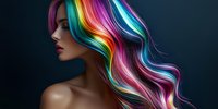 Young woman with vibrant rainbow colored wavy hair against dark background, bare shoulders, red lips, profile view, showcasing creative hair coloring and styling techniques.