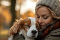 Caucasian woman in winter attire embracing Cavalier King Charles Spaniel dog outdoors during golden sunset. Tender moment captures bond between pet and owner.