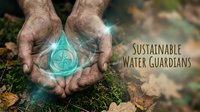 Weathered hands holding glowing water droplet symbol on mossy ground, representing environmental conservation and sustainable water management practices.