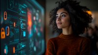 Young African American woman with natural curly hair in rust-colored sweater looking at futuristic digital interface with binary code and security lock symbols in dark room.