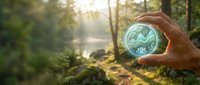 Hands holding glowing globe with leaf symbol in forest landscape, representing environmental conservation, sustainability, and eco-friendly business solutions.