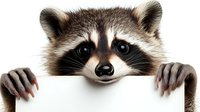 Curious raccoon peeking over white banner with paws, close up portrait on white background. Isolated funny animal character for advertising and design projects.