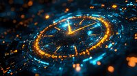 Glowing digital clock face with golden and blue light effects showing almost midnight against dark background with bokeh particles. For time management concepts.