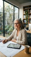 Confident senior businesswoman with gray hair and glasses working at modern office desk with tablet and documents, professional consulting workspace.