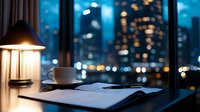 Evening workspace with coffee cup and open notebook against city lights bokeh through window, cozy desk lamp creating warm atmosphere for night work or study session.