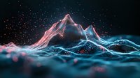 Glowing mountain peaks emerge from abstract digital waves with neon pink and blue light effects against dark background, creating surreal landscape atmosphere.