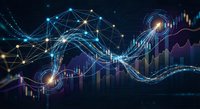 Digital network connections flowing through financial market data visualization with glowing nodes and trading charts on dark background.