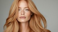 Young woman with flowing strawberry blonde hair and natural makeup against neutral gray background, fresh glowing skin and serene expression for beauty and cosmetic advertising.