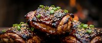Grilled barbecue ribs with caramelized glaze and fresh herbs, smoky char marks visible, perfect for restaurant menus and food advertising campaigns.