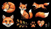 Cute red fox clipart set isolated on transparent background, featuring sleeping, sitting, jumping poses, paw prints, and autumn elements for stickers, t-shirt design, print on demand.