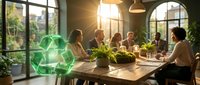 Business team meeting in modern eco-friendly office with green recycling symbol overlay, sustainable corporate environment and environmental responsibility.