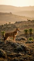 Wild coyote standing on rocky terrain during golden hour sunset in arid desert landscape with rolling hills and sparse vegetation in background.
