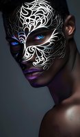 African woman with artistic white face paint design and bright blue eyes wearing dramatic purple lipstick against dark background in creative beauty portrait.