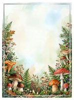 Watercolor forest frame with mushrooms, ferns and autumn foliage on textured paper background for seasonal designs and nature-themed projects.