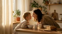 Young Caucasian mother and toddler son sharing intimate breakfast moment at wooden kitchen table with warm natural lighting and cozy home atmosphere.
