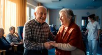 Happy elderly Caucasian couple holding hands and smiling in nursing home common area with caregiver and other residents in background for healthcare concepts.