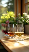 Elegant wine glasses filled with different varieties catch golden sunlight on wooden table, pink roses and greenery visible through window in background.