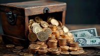 Vintage wooden treasure chest with golden coins spilling out and dollar bills, representing wealth, financial success and abundance on dark background.