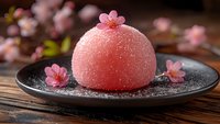 Pink dome-shaped dessert with cherry blossoms on dark plate. Japanese mochi or mousse cake with floral decoration for spring menu design.