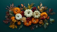 Festive autumn arrangement with orange and white pumpkins, red berries, and fall leaves on dark teal background. Seasonal harvest decoration for Thanksgiving.