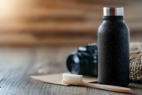 Black textured water bottle with bamboo toothbrush on wooden surface for sustainable living and eco-friendly lifestyle products.