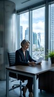 Mature businesswoman working on tablet at modern office desk with panoramic city skyline view through floor-to-ceiling windows, professional workspace setting.