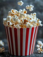 Fresh popcorn overflowing from classic red and white striped container on dark wooden surface, with scattered kernels creating dynamic composition.