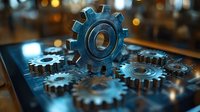Metallic gears and cogs on digital tablet screen representing industrial automation, mechanical engineering and technology integration concepts.