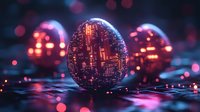 Glowing spheres with futuristic circuit patterns emit red and blue light against dark background, creating cyberpunk atmosphere for technology concepts.