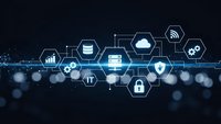 Digital technology network with hexagonal icons showing cloud computing, security, analytics and connectivity concepts on dark blue background.