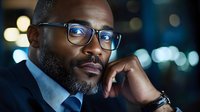 Professional African American businessman with glasses in contemplative pose against blurred city lights background at night for corporate and business concepts.