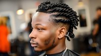Young African American man with stylish twisted braids hairstyle and facial tattoo shown in profile at barbershop, modern male grooming concept.