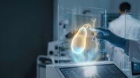 Medical professional analyzing glowing digital heart hologram on futuristic transparent display in modern healthcare technology laboratory setting.