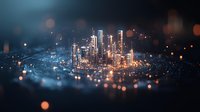 Glowing miniature cityscape with illuminated skyscrapers at night, featuring bokeh light effects and shallow depth of field creating dreamy urban atmosphere.