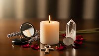Mystical altar setup with burning candle, crystal sphere, quartz point and ritual tools for spiritual practices and meditation ceremonies.