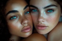 Close up portrait of two young women with bright blue eyes, freckles and natural makeup posing together against dark background, fashion beauty concept.