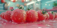Fresh ripe cherry tomatoes with water drops on pink surface, soft bokeh background creates dreamy atmosphere. Macro food photography for healthy eating concept.