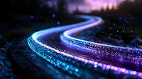 Glowing curved light trails with blue and purple neon colors against dark background create magical atmosphere, bokeh effect adds depth and sparkle to night scene.