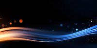Glowing orange and blue light waves flow across dark background with bokeh effects, creating dynamic motion and energy for technology designs and presentations.