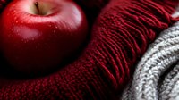 Fresh red apple next to cozy knitted burgundy and gray wool scarf texture, macro shot with water drops on dark background, autumn mood composition.