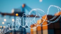 Decorative string lights creating bokeh effect against blue twilight sky, festive outdoor lighting with soft focus and dreamy atmosphere for events.
