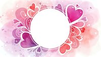 Romantic watercolor frame with pink and purple hearts, swirls and decorative flourishes surrounding white circular space for text or design elements.