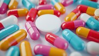 Colorful pharmaceutical capsules and tablets scattered on light surface, featuring vibrant pink, yellow, blue, and white medications in macro photography.