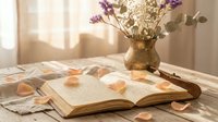 Cozy reading corner with open book, dried flowers in brass vase, and scattered rose petals on white bedding creating peaceful morning atmosphere.